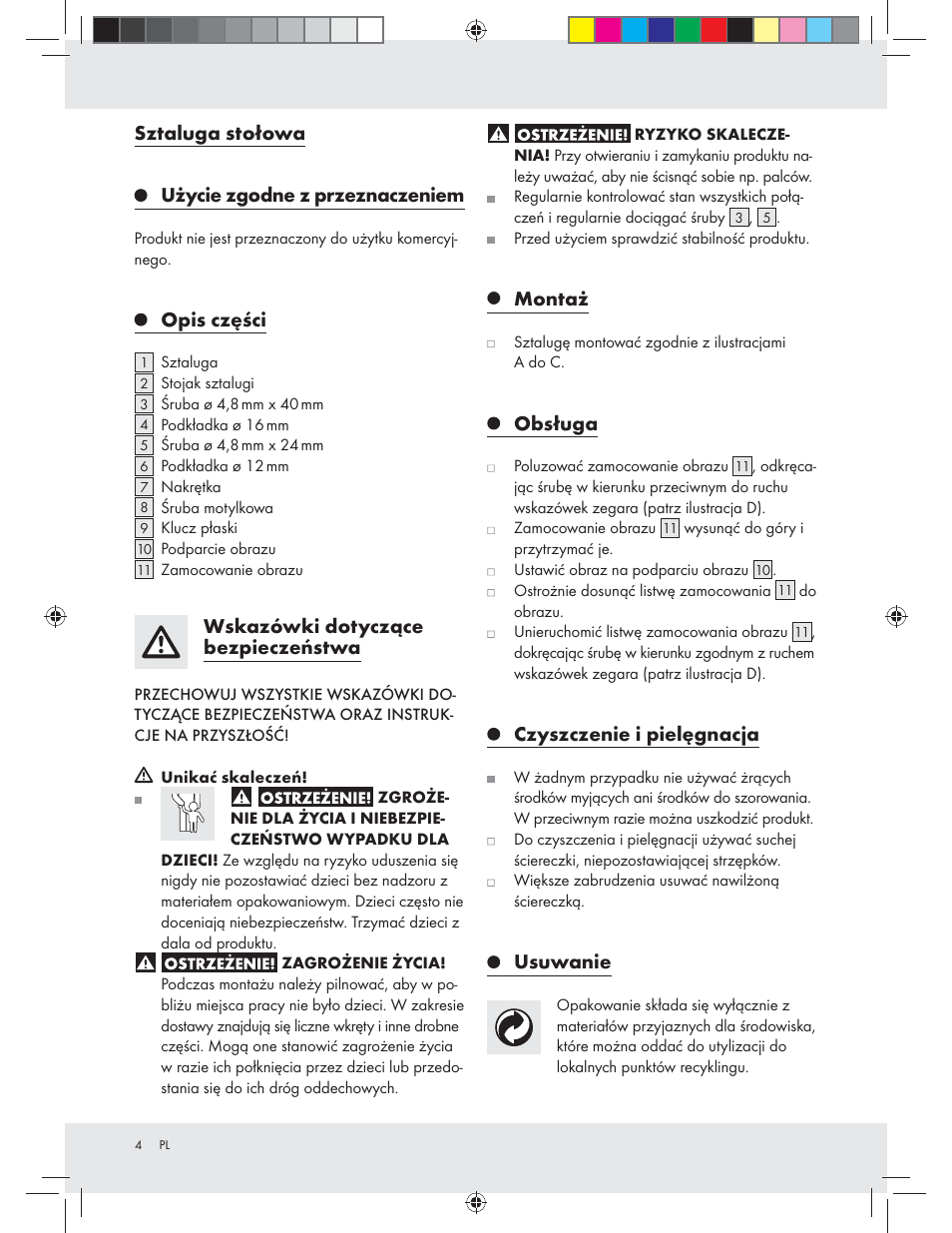 Sztaluga stołowa, Użycie zgodne z przeznaczeniem, Opis części | Wskazówki dotyczące bezpieczeństwa, Montaż, Obsługa, Czyszczenie i pielęgnacja, Usuwanie | Crelando Z23045 User Manual | Page 4 / 15