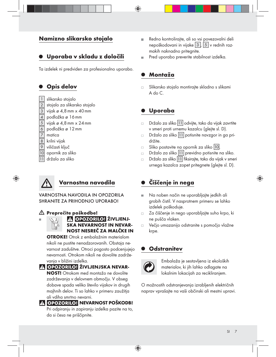 Namizno slikarsko stojalo, Uporaba v skladu z določili, Opis delov | Varnostna navodila, Montaža, Uporaba, Čiščenje in nega, Odstranitev | Crelando Z23045 User Manual | Page 7 / 15