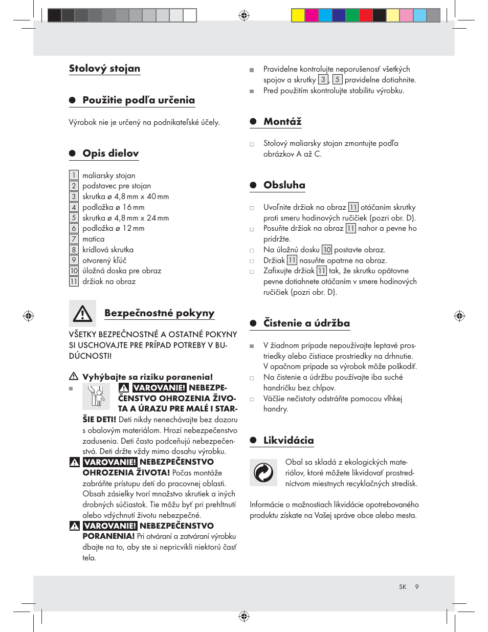 Stolový stojan, Použitie podľa určenia, Opis dielov | Bezpečnostné pokyny, Montáž, Obsluha, Čistenie a údržba, Likvidácia | Crelando Z23045 User Manual | Page 9 / 15