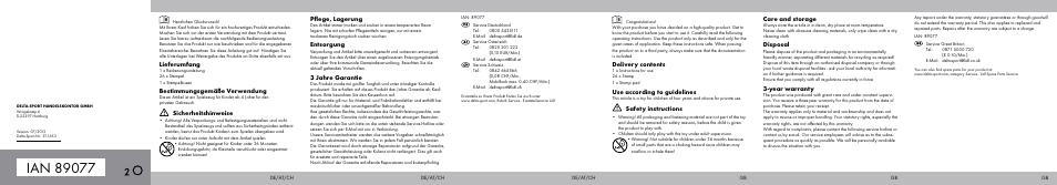 Lieferumfang, Bestimmungsgemäße verwendung, Sicherheitshinweise | Pflege, lagerung, Entsorgung, 3 jahre garantie, Delivery contents, Use according to guidelines, Safety instructions, Care and storage | Crelando Stamp Set User Manual | Page 2 / 2