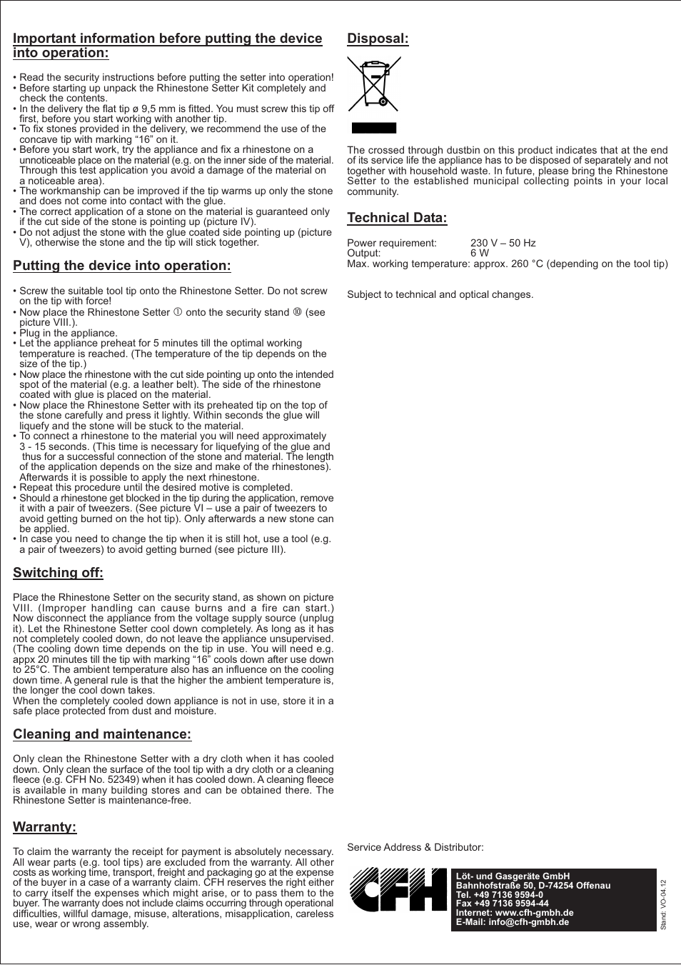 Putting the device into operation, Switching off, Cleaning and maintenance | Warranty, Disposal, Technical data | Crelando 48450 User Manual | Page 2 / 2