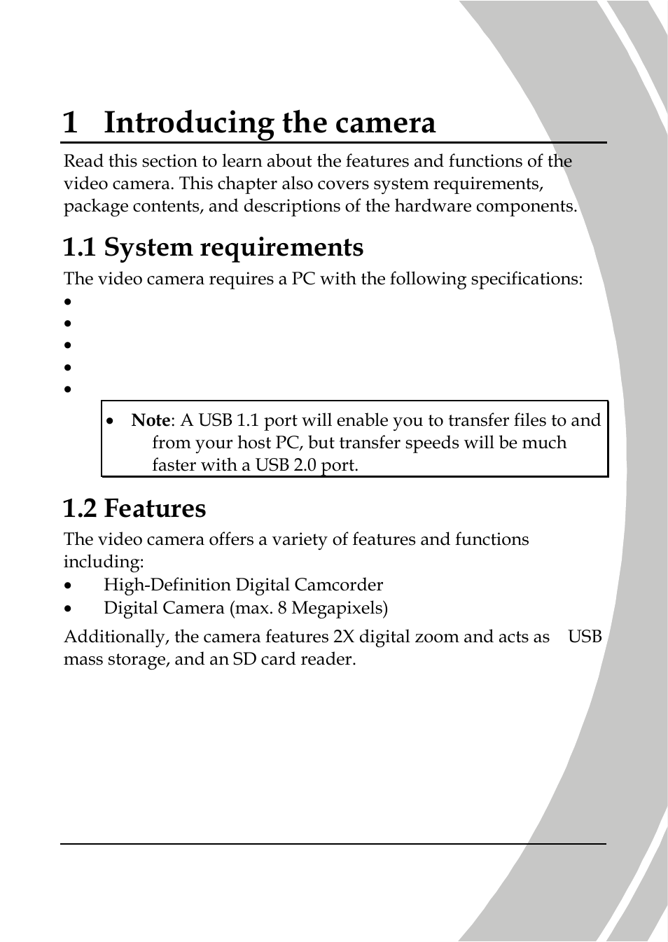 Introducing the camera, System requirements, Features | 1 introducing the camera, 1 system requirements, 2 features | DXG Technology DXG-566V HD User Manual | Page 11 / 80