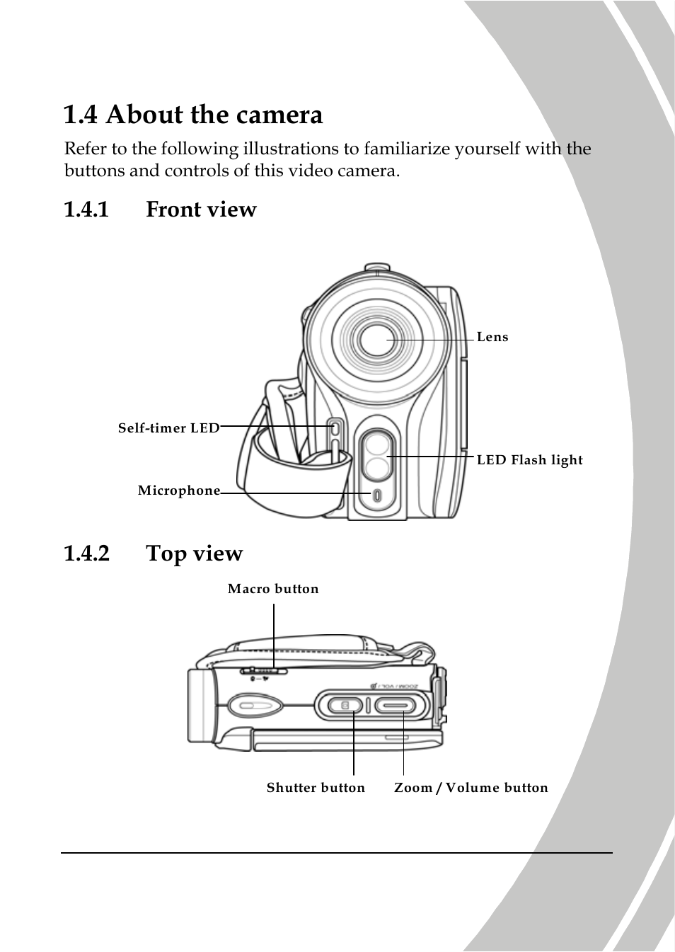 About the camera, Front view, Top view | 4 about the camera, 1 front view, 2 top view | DXG Technology DXG-566V HD User Manual | Page 13 / 80