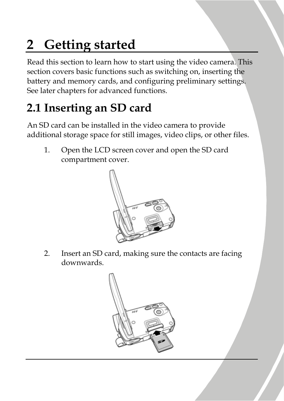 Getting started, Inserting an sd card, 2 getting started | 1 inserting an sd card | DXG Technology DXG-566V HD User Manual | Page 21 / 80