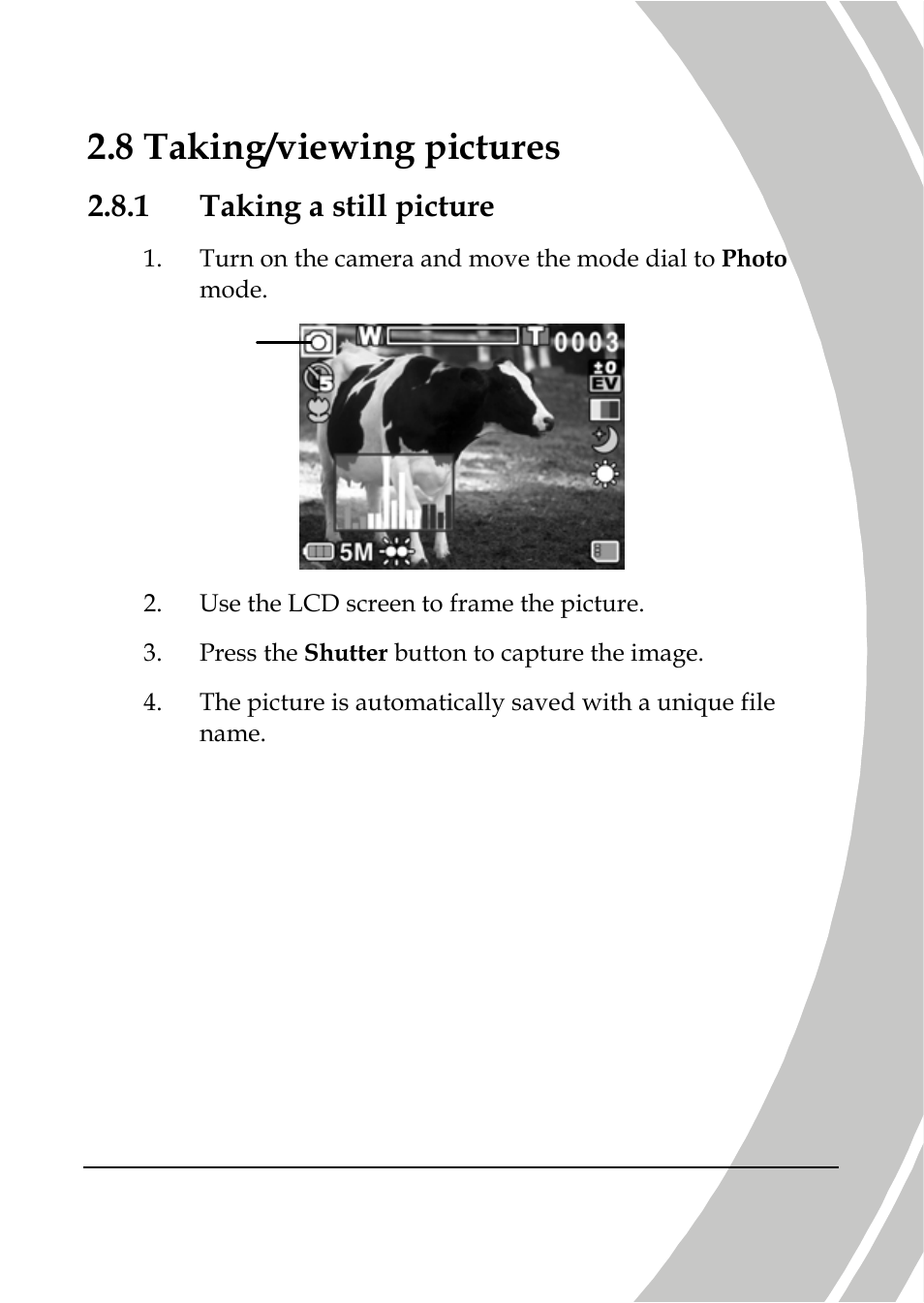 Taking/viewing pictures, Taking a still picture, 8 taking/viewing pictures | 1 taking a still picture | DXG Technology DXG-566V HD User Manual | Page 31 / 80