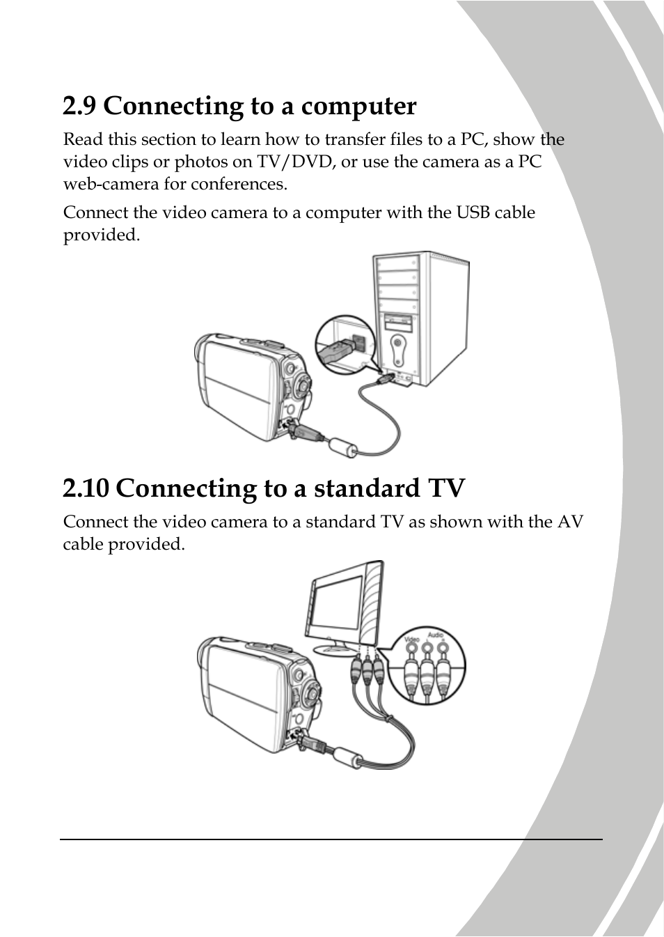 Connecting to a computer, Connecting to a standard tv, 9 connecting to a computer | 10 connecting to a standard tv | DXG Technology DXG-566V HD User Manual | Page 33 / 80