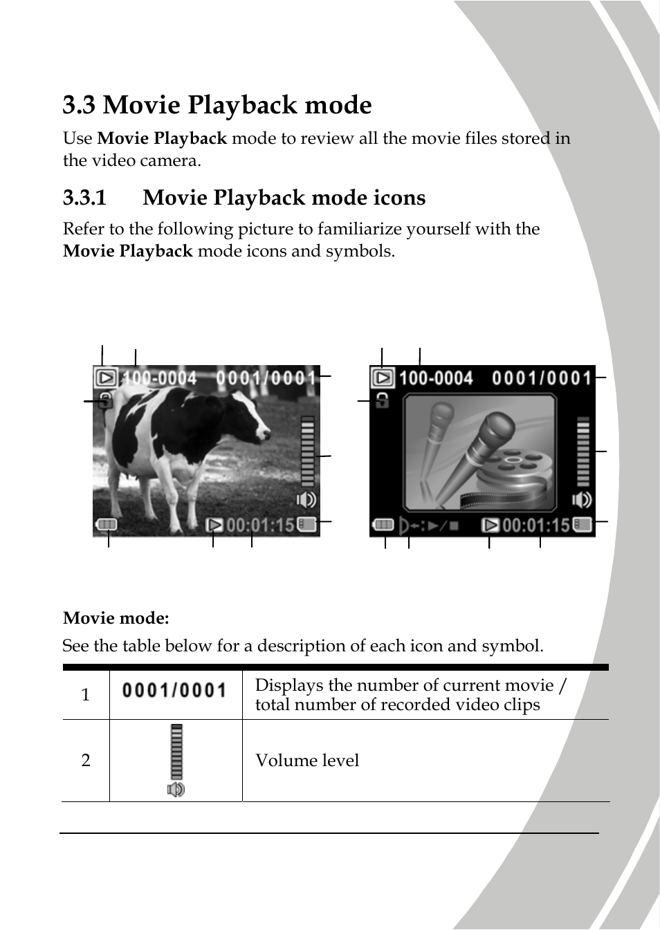 Movie playback mode, Movie playback mode icons, 3 movie playback mode | 1 movie playback mode icons, Movie mode voice recorder mode | DXG Technology DXG-566V HD User Manual | Page 41 / 80