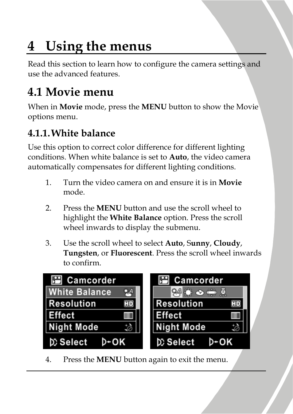 Using the menus, Movie menu, White balance | 4 using the menus, 1 movie menu | DXG Technology DXG-566V HD User Manual | Page 47 / 80