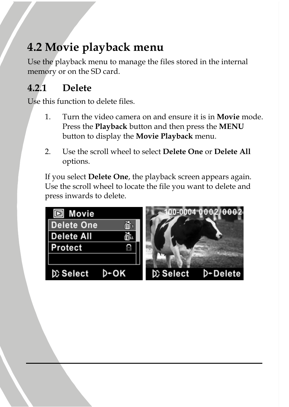 Movie playback menu, Delete, 2 movie playback menu | 1 delete | DXG Technology DXG-566V HD User Manual | Page 52 / 80