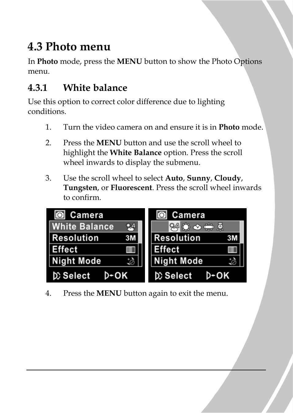 Photo menu, White balance, 3 photo menu | 1 white balance | DXG Technology DXG-566V HD User Manual | Page 55 / 80