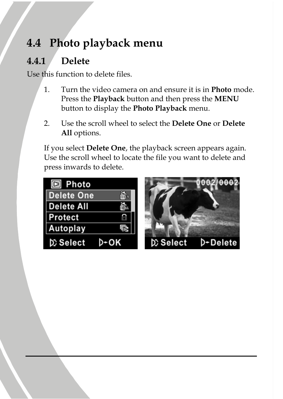 Photo playback menu, Delete, 4 photo playback menu | 1 delete | DXG Technology DXG-566V HD User Manual | Page 60 / 80