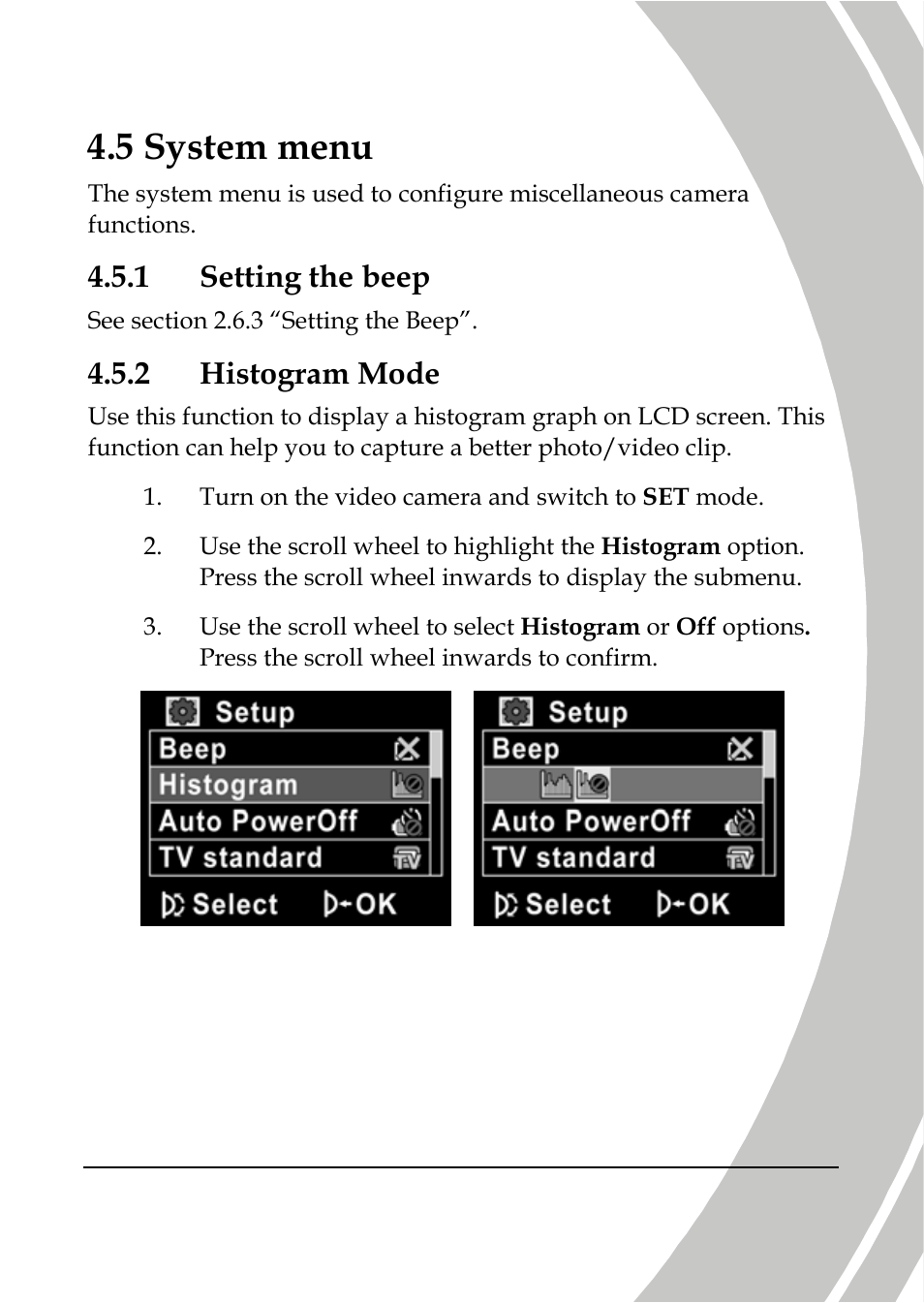 System menu, Setting the beep, Histogram mode | 5 system menu, 1 setting the beep, 2 histogram mode | DXG Technology DXG-566V HD User Manual | Page 65 / 80