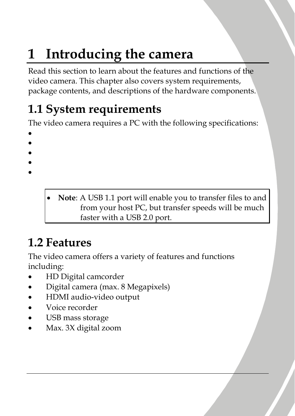 Introducing the camera, System requirements, Features | 1 introducing the camera, 1 system requirements, 2 features | DXG Technology DXG-533V User Manual | Page 11 / 82