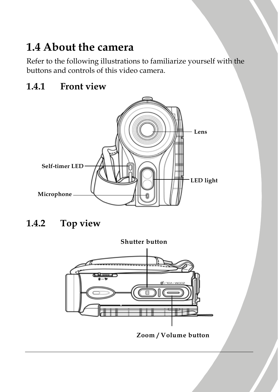 About the camera, Front view, Top view | 4 about the camera, 1 front view, 2 top view | DXG Technology DXG-533V User Manual | Page 13 / 82