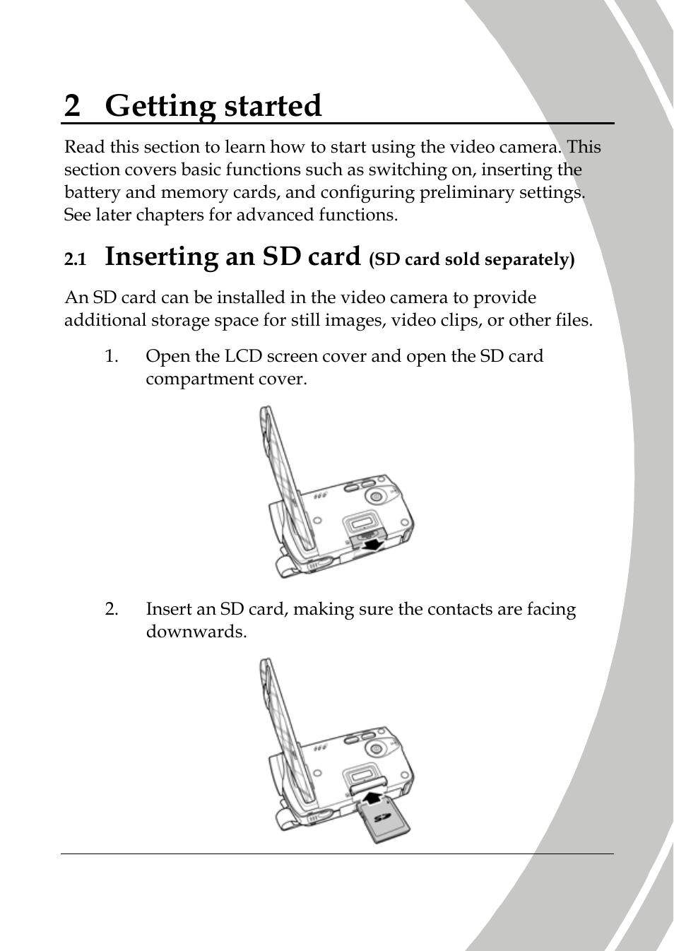 Getting started, Inserting an sd card, 2 getting started | DXG Technology DXG-533V User Manual | Page 21 / 82
