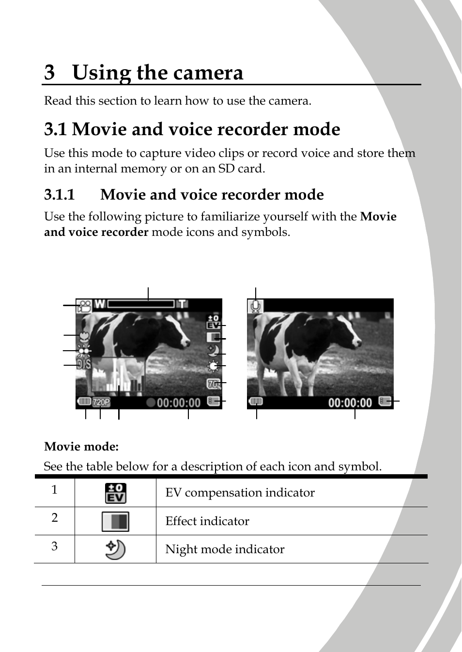 Using the camera, Movie and voice recorder mode, 3 using the camera | 1 movie and voice recorder mode, Movie mode voice recorder mode | DXG Technology DXG-533V User Manual | Page 35 / 82