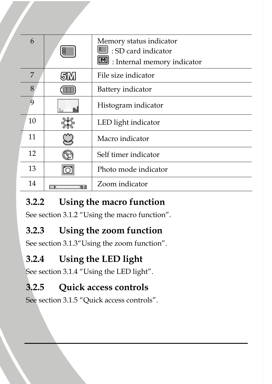 Using the macro function, Using the zoom function, Using the led light | Quick access controls, 2 using the macro function, 3 using the zoom function, 4 using the led light, 5 quick access controls | DXG Technology DXG-533V User Manual | Page 40 / 82