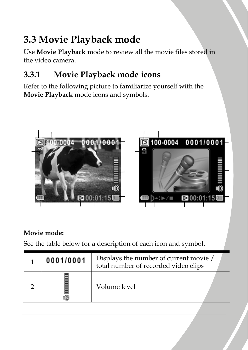 Movie playback mode, Movie playback mode icons, 3 movie playback mode | 1 movie playback mode icons, Movie mode voice recorder mode | DXG Technology DXG-533V User Manual | Page 41 / 82