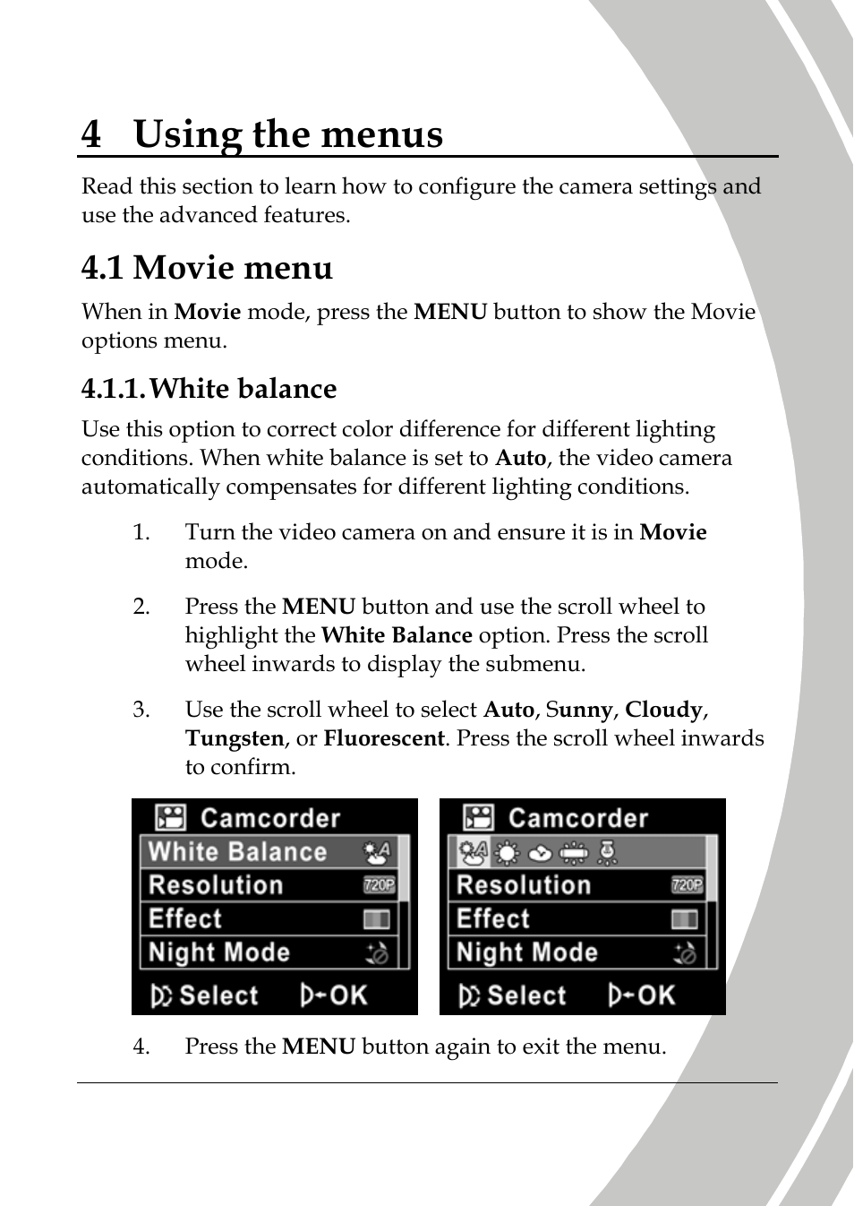 Using the menus, Movie menu, White balance | 4 using the menus, 1 movie menu | DXG Technology DXG-533V User Manual | Page 47 / 82