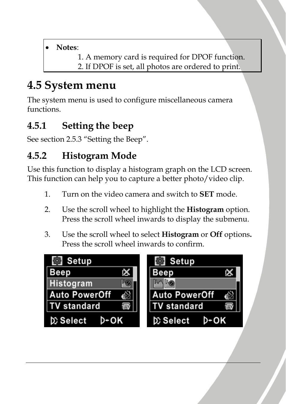 System menu, Setting the beep, Histogram mode | 5 system menu, 1 setting the beep, 2 histogram mode | DXG Technology DXG-533V User Manual | Page 67 / 82