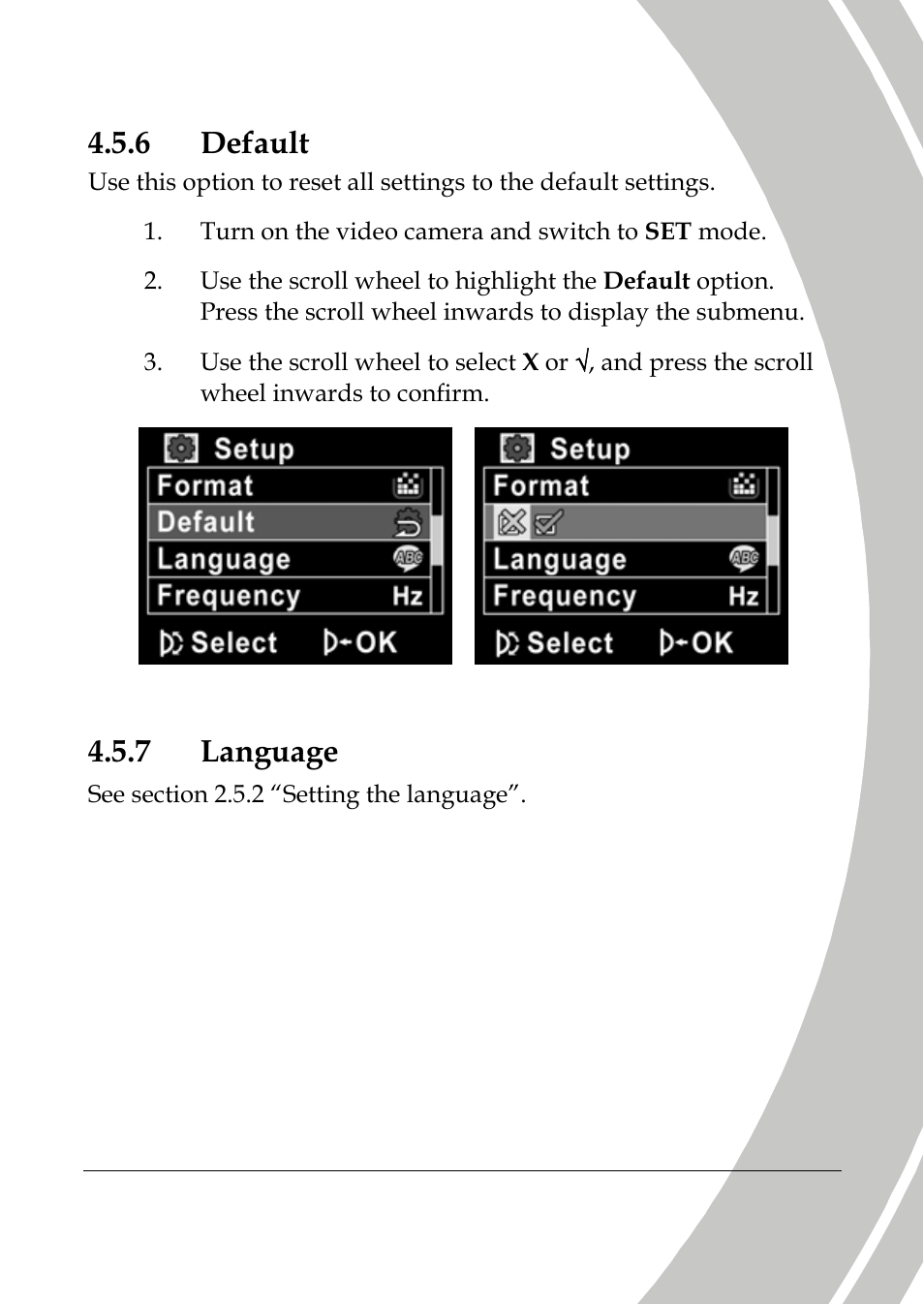 Default, Language, 6 default | 7 language | DXG Technology DXG-533V User Manual | Page 71 / 82