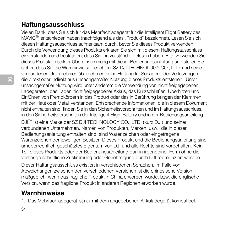 Bedienungsanleitung, Haftungsausschluss, Warnhinweise | DJI Mavic Pro User Manual | Page 33 / 77