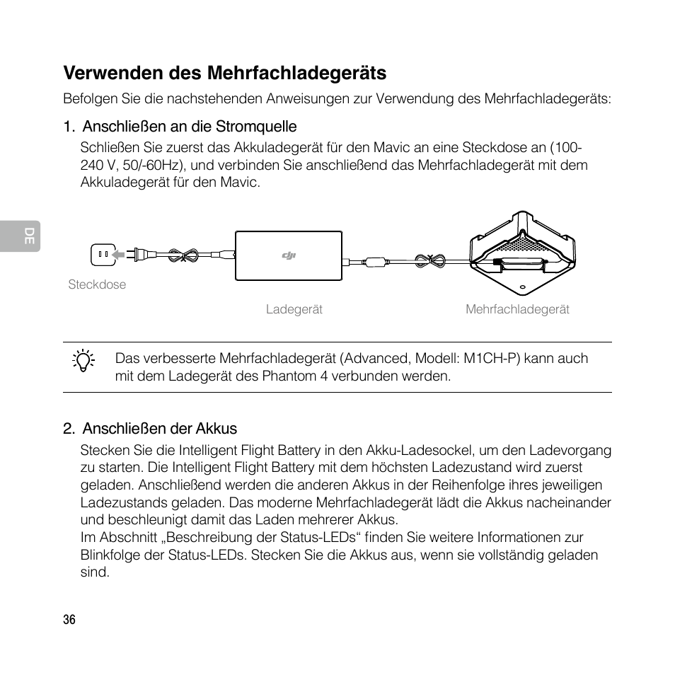 Verwenden des mehrfachladegeräts | DJI Mavic Pro User Manual | Page 35 / 77