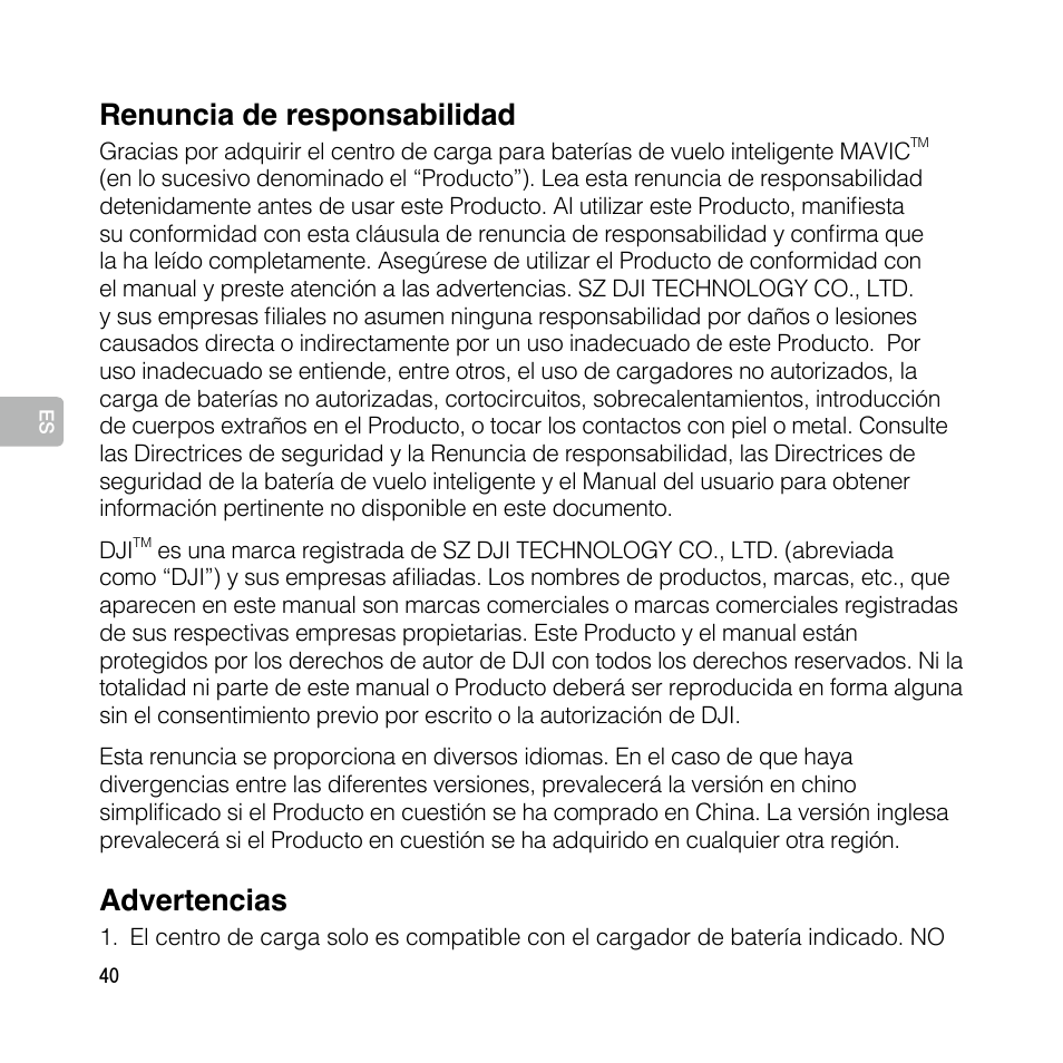 Guía del usuario, Renuncia de responsabilidad, Advertencias | DJI Mavic Pro User Manual | Page 39 / 77