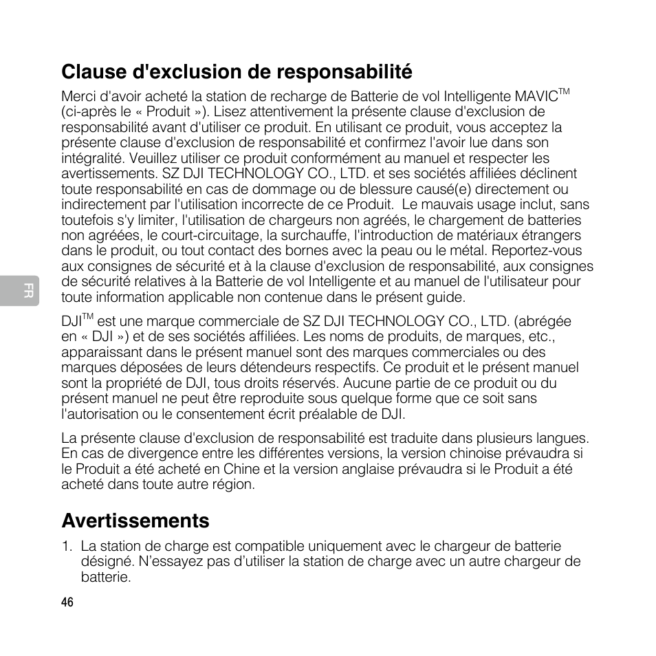 Guide de l'utilisateur, Clause d'exclusion de responsabilité, Avertissements | DJI Mavic Pro User Manual | Page 45 / 77