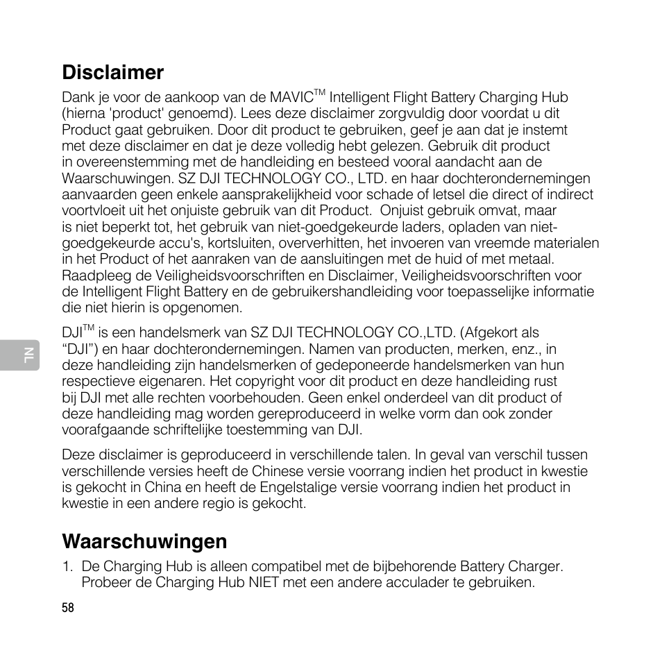 Gebruiksaanwijzing, Disclaimer, Waarschuwingen | DJI Mavic Pro User Manual | Page 57 / 77