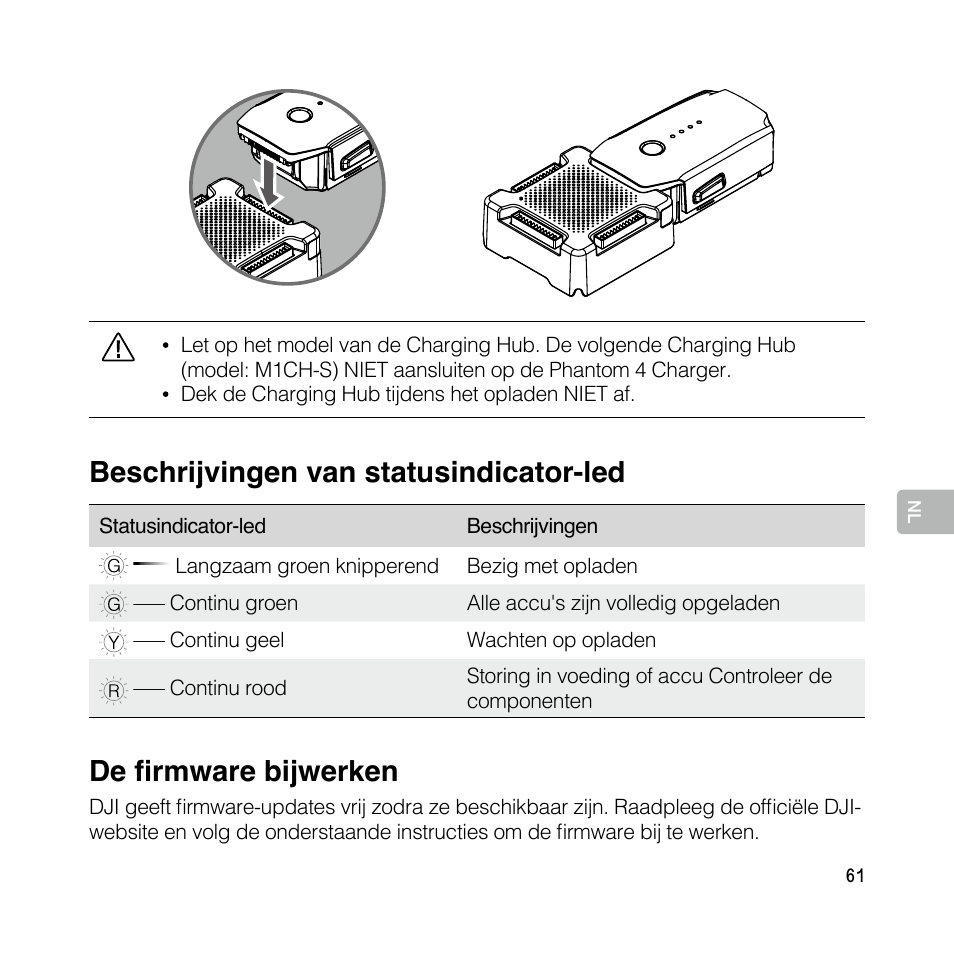 Beschrijvingen van statusindicator-led, De firmware bijwerken | DJI Mavic Pro User Manual | Page 60 / 77
