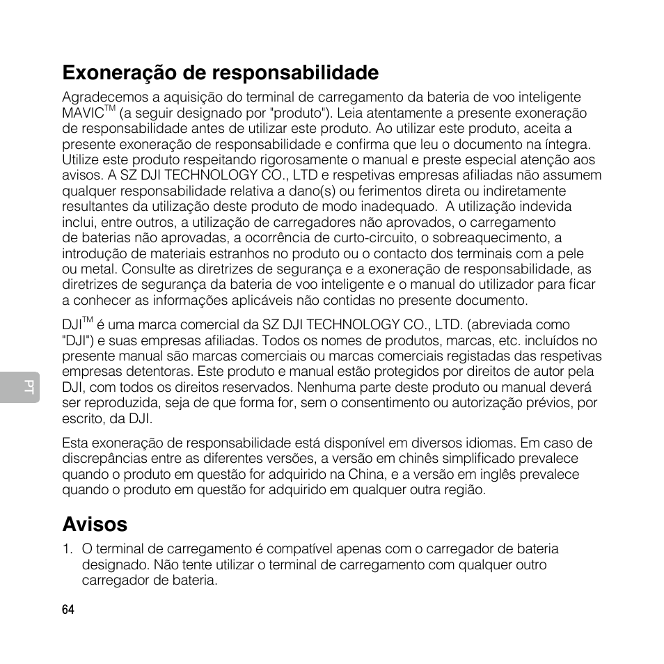 Manual do utilizador, Exoneração de responsabilidade, Avisos | DJI Mavic Pro User Manual | Page 63 / 77