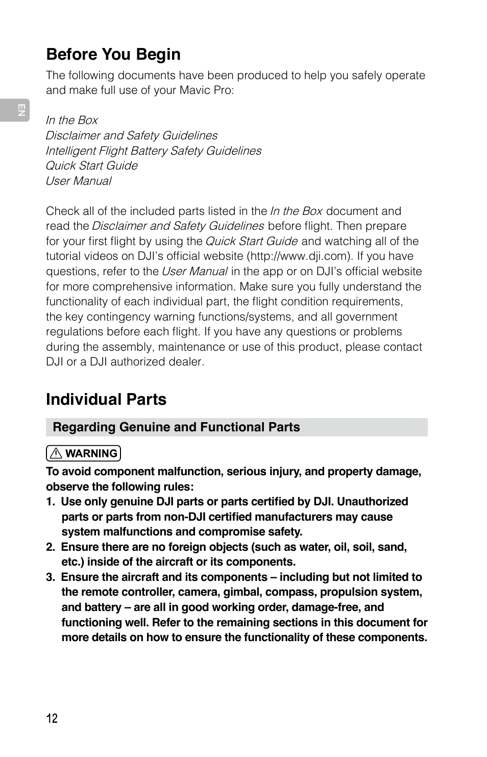 Individual parts, Before you begin | DJI Mavic Pro User Manual | Page 11 / 183