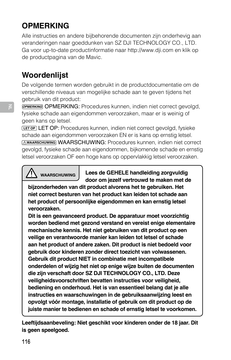 Woordenlijst, Opmerking | DJI Mavic Pro User Manual | Page 115 / 183