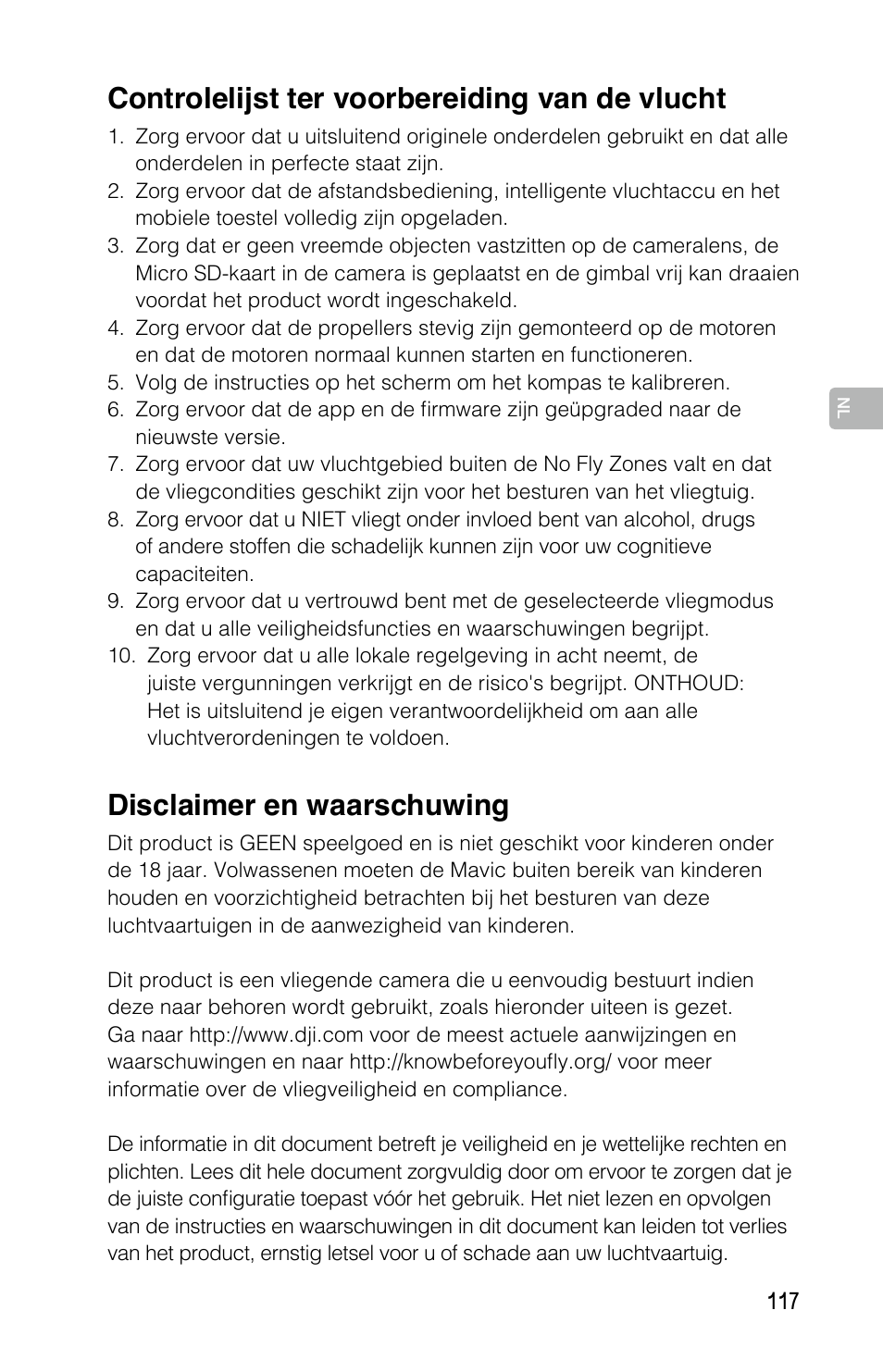 Disclaimer en waarschuwing, Controlelijst ter voorbereiding van de vlucht | DJI Mavic Pro User Manual | Page 116 / 183