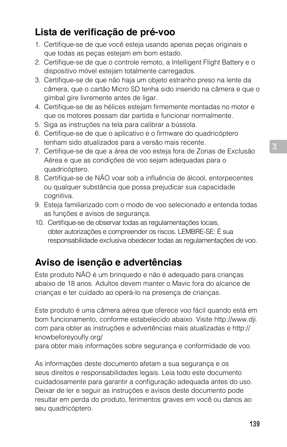 Aviso de isenção e advertências, Lista de verificação de pré-voo | DJI Mavic Pro User Manual | Page 138 / 183