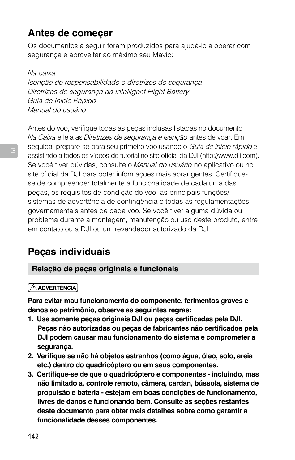 Peças individuais, Antes de começar | DJI Mavic Pro User Manual | Page 141 / 183