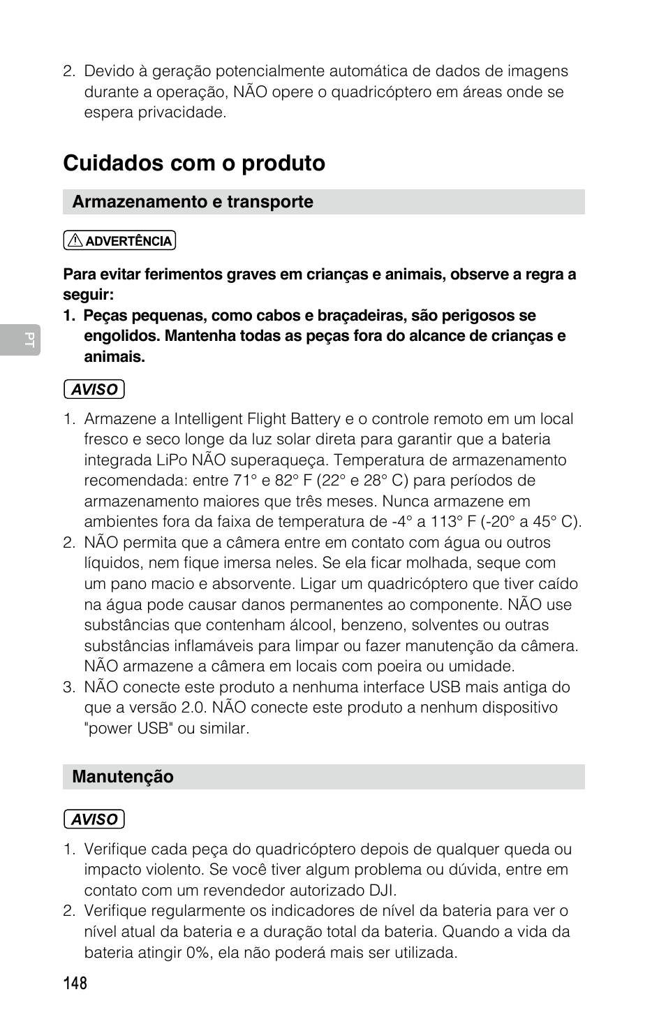 Cuidados com o produto | DJI Mavic Pro User Manual | Page 147 / 183