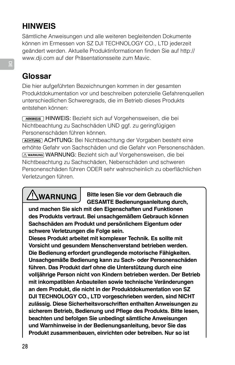 Glossar, Hinweis | DJI Mavic Pro User Manual | Page 27 / 183