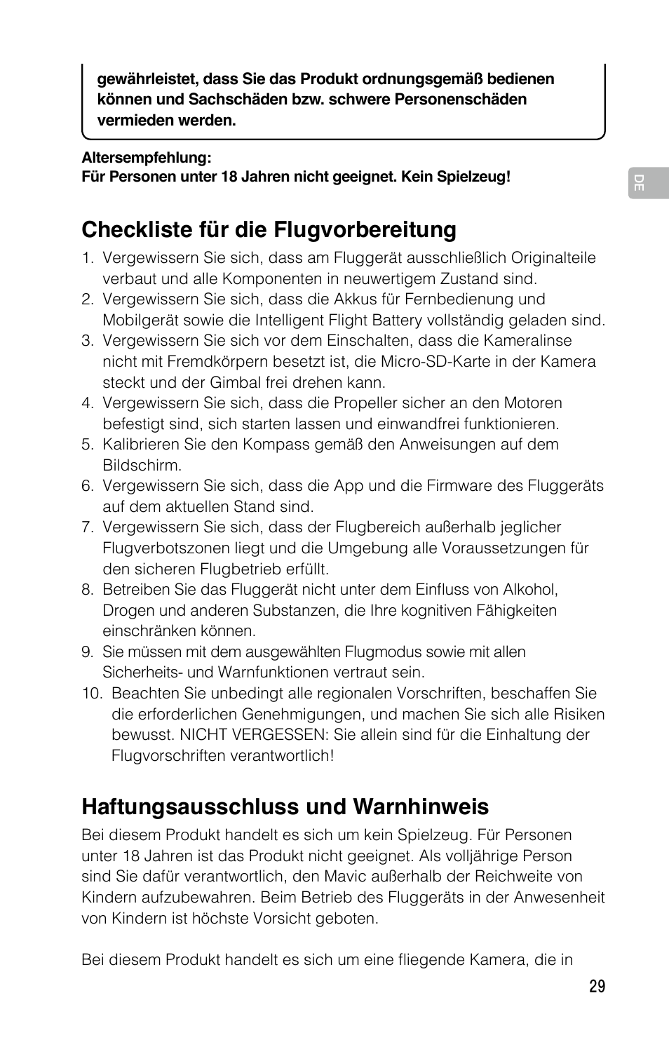 Haftungsausschluss und warnhinweis, Checkliste für die flugvorbereitung | DJI Mavic Pro User Manual | Page 28 / 183