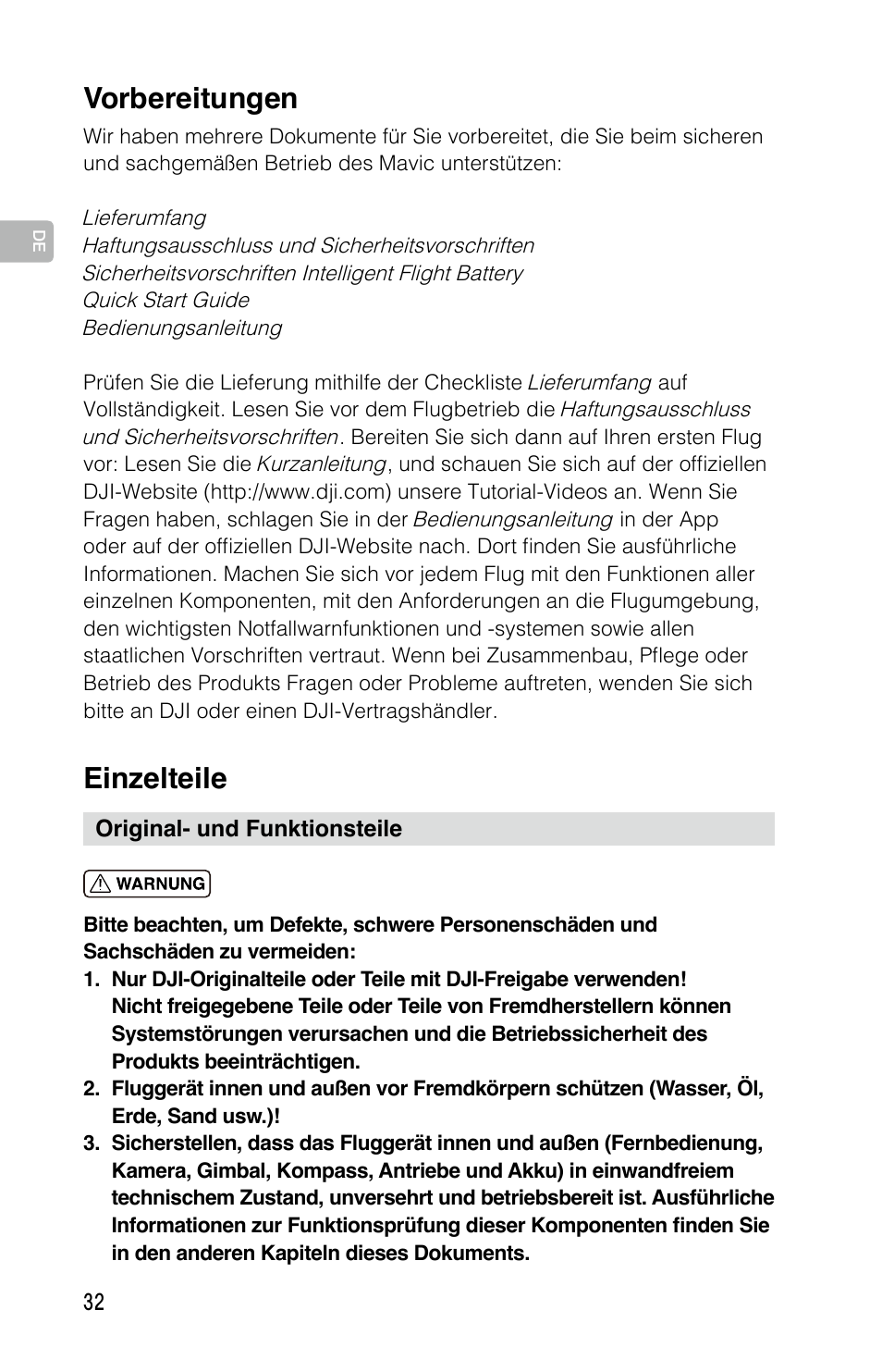 Einzelteile, Vorbereitungen | DJI Mavic Pro User Manual | Page 31 / 183