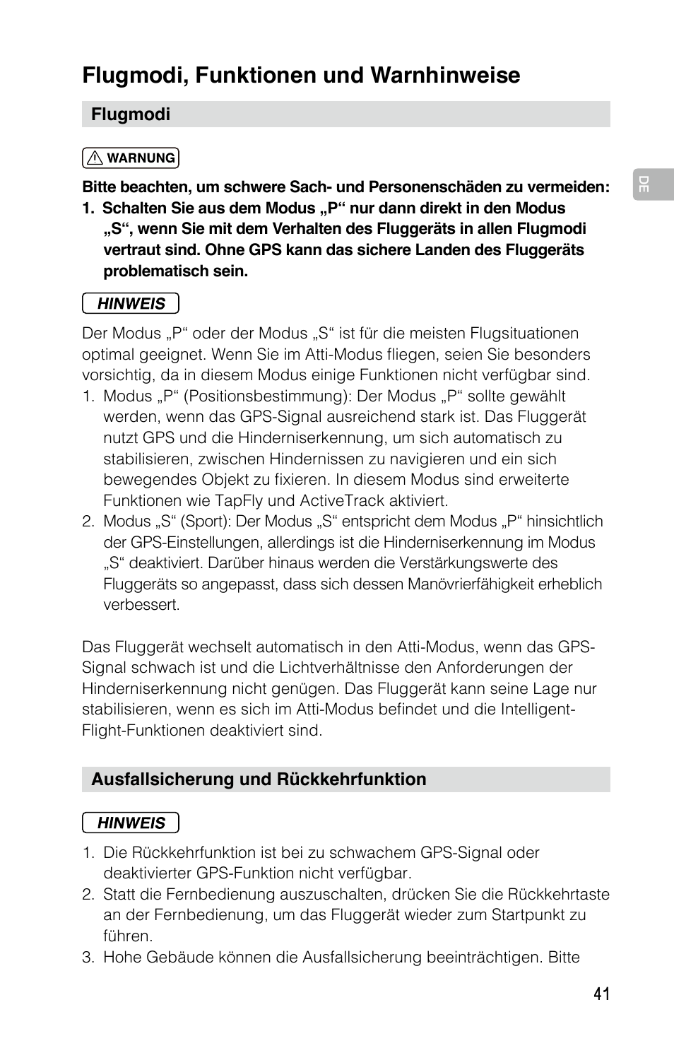 Flugmodi, funktionen und warnhinweise | DJI Mavic Pro User Manual | Page 40 / 183