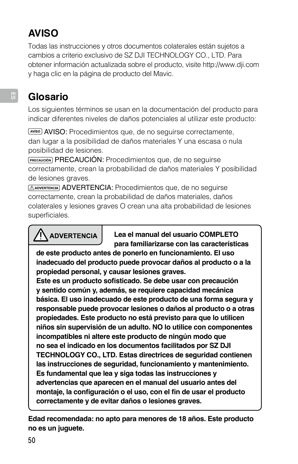 Glosario, Aviso | DJI Mavic Pro User Manual | Page 49 / 183
