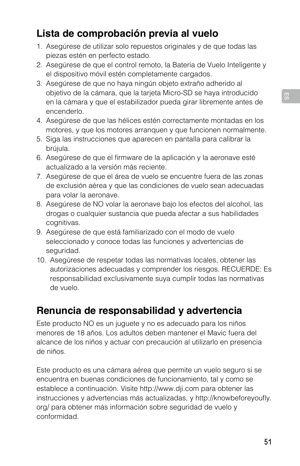 Renuncia de responsabilidad y advertencia, Lista de comprobación previa al vuelo | DJI Mavic Pro User Manual | Page 50 / 183