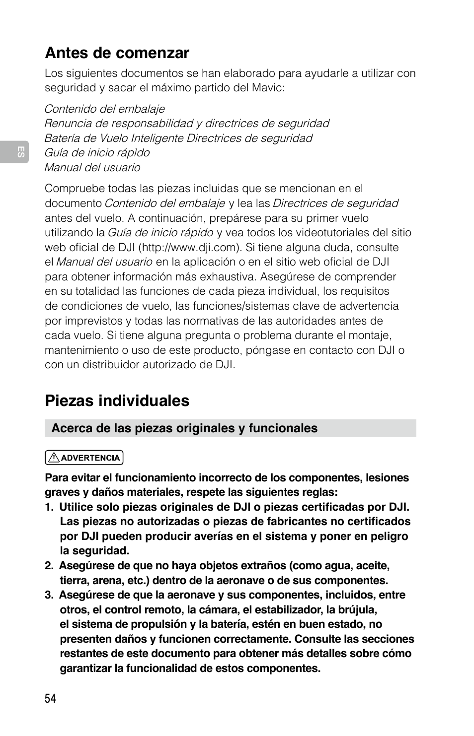 Piezas individuales, Antes de comenzar | DJI Mavic Pro User Manual | Page 53 / 183