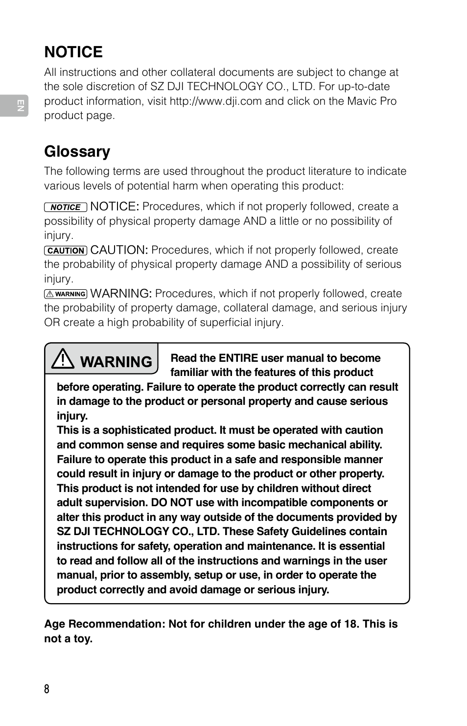 Glossary, Notice, Notice 8 glossary 8 | DJI Mavic Pro User Manual | Page 7 / 183