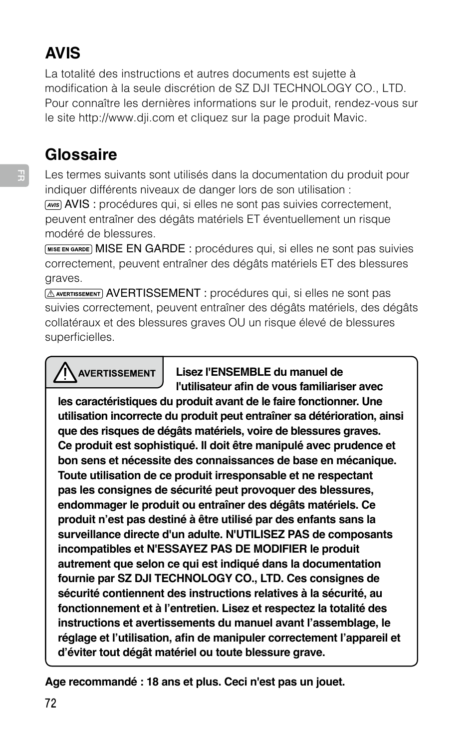 Glossaire, Avis | DJI Mavic Pro User Manual | Page 71 / 183