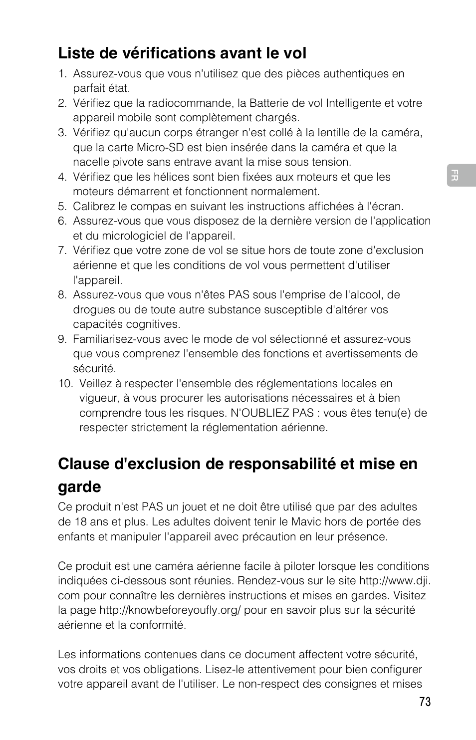 Liste de vérifications avant le vol | DJI Mavic Pro User Manual | Page 72 / 183