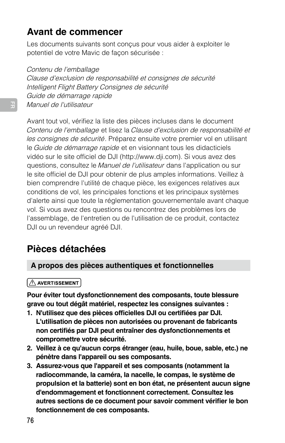 Pièces détachées, Avant de commencer | DJI Mavic Pro User Manual | Page 75 / 183