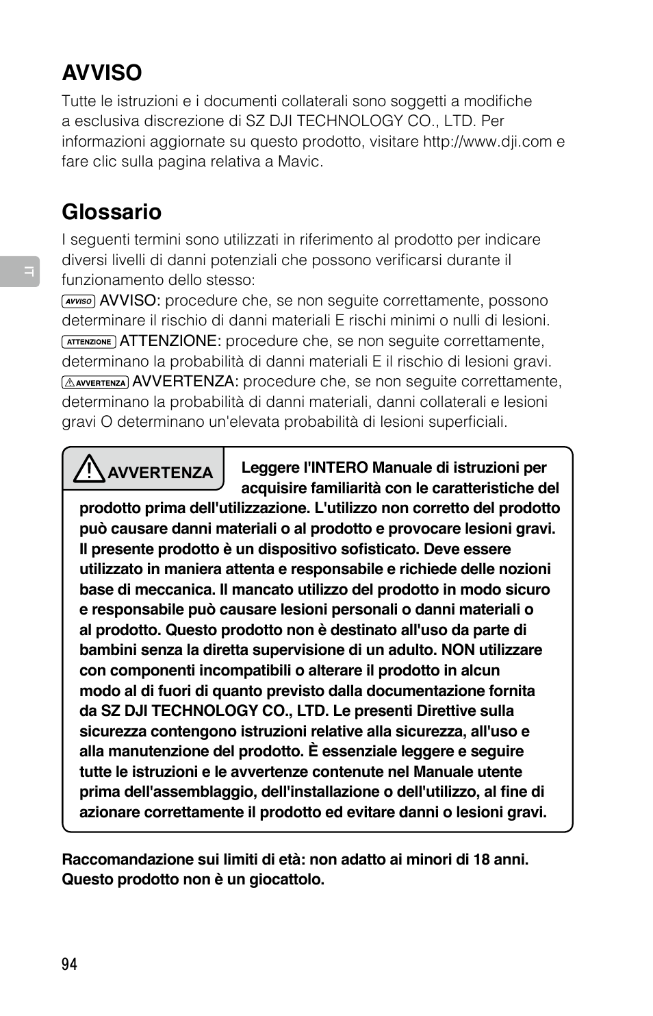 Glossario, Avviso | DJI Mavic Pro User Manual | Page 93 / 183